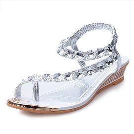 Sweet Rhinestone Bohemian Style Sandals Clip Toe Wedge Heel Slipper